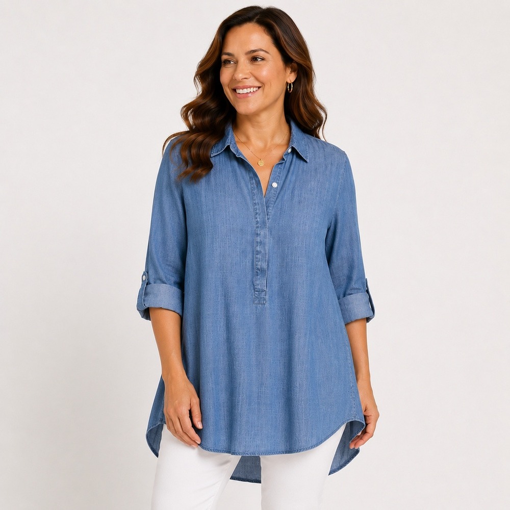 Crown & Ivy Lyocell Chambray Tunic Shirt M Blue Popover Roll Tab Pockets